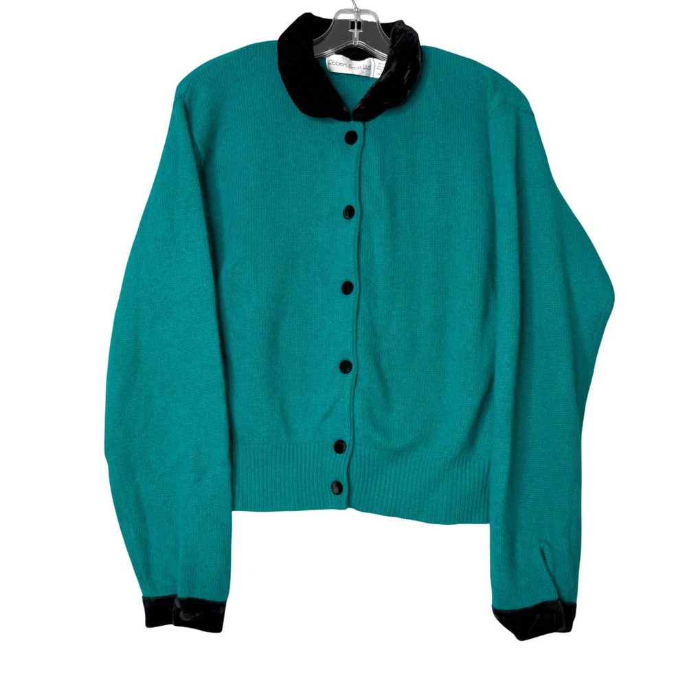 Vintage Robert Scott Wool Angora Cardigan Sweater Womens S Teal Blue Velvet Trim
